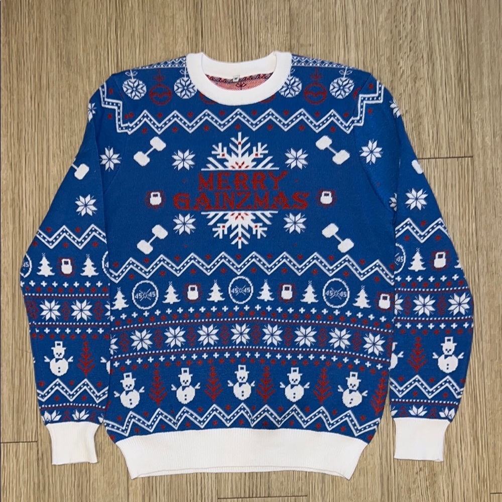 Ugly Christmas Sweater Gainzmas - Blue and White Snowman Sweater